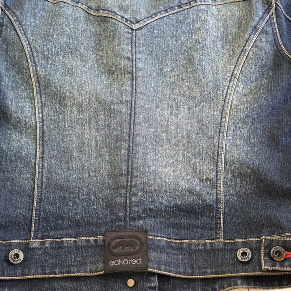 Vtg Ecko Red Jacket Women 14 Denim Faux Fur Hood No Pockets Lined Y2K Runs Small - Picture 14 of 16